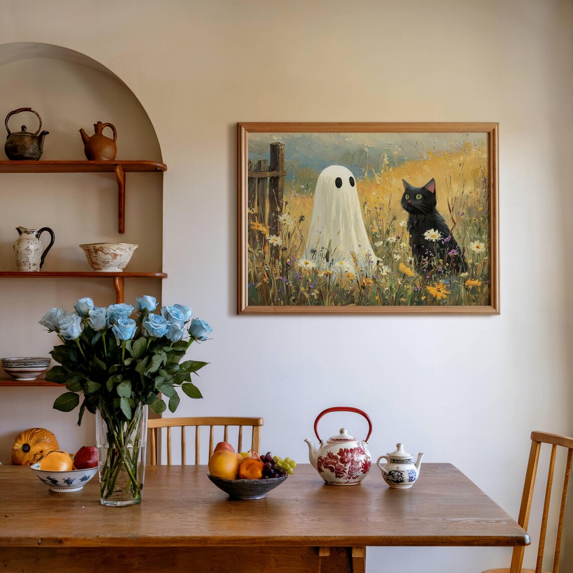 Ghost and Black Cat in Wildflowers Halloween Art Print - Image 2