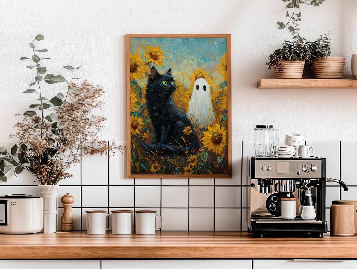 Black Cat and Ghost Standing in a Bright Sunflower Field Poster - Image 2
