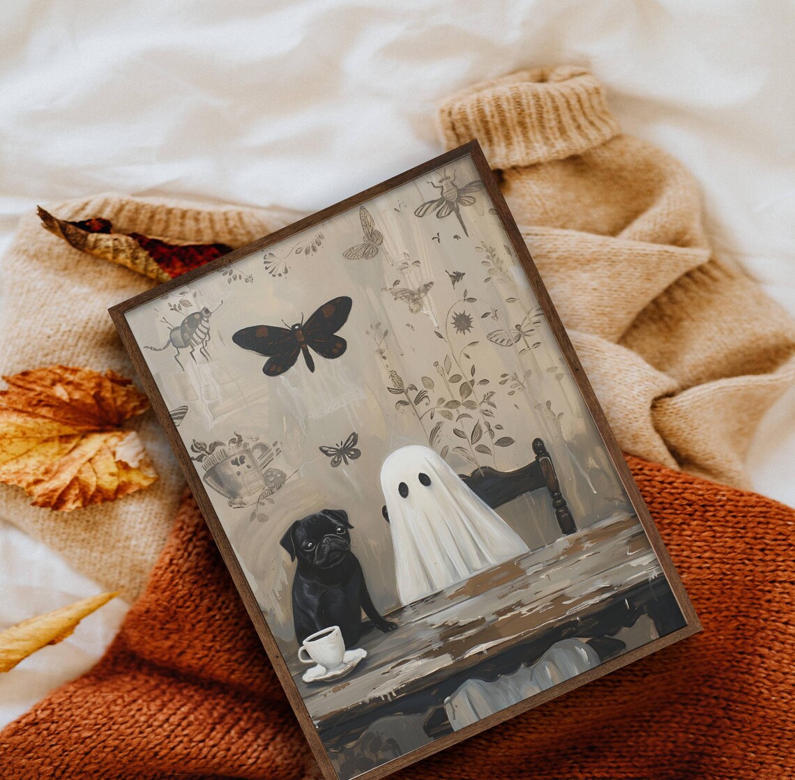 Ghost And Black Pug Coffee Time Wall Art Print - Image 3