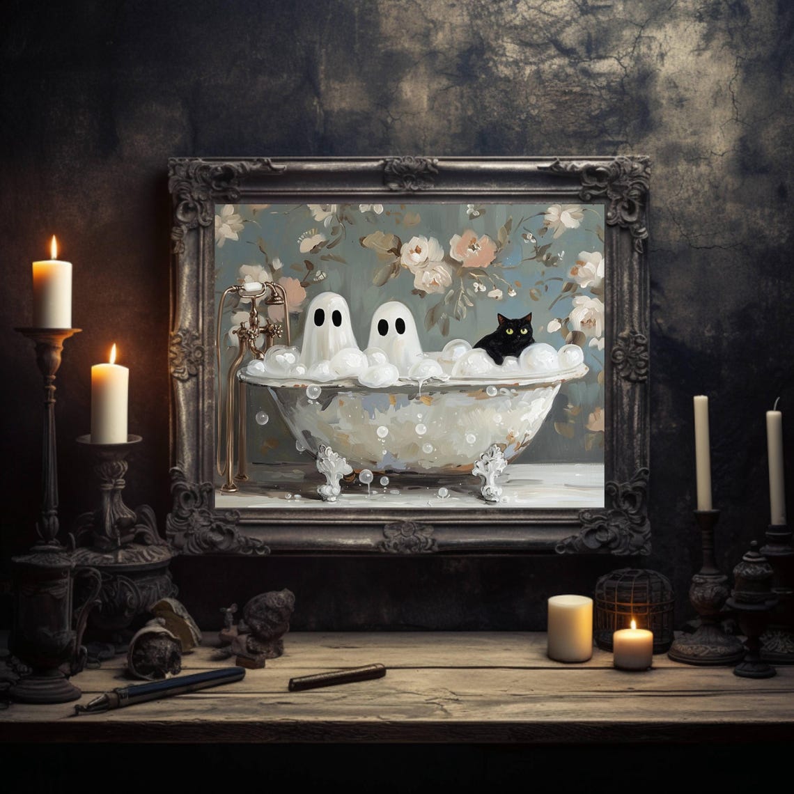 Ghosts And Black Cat In Victorian Bubble Bath Poster Spooky Cute Home Decor Whimsigoth Print Halloween Wall Art Unframed