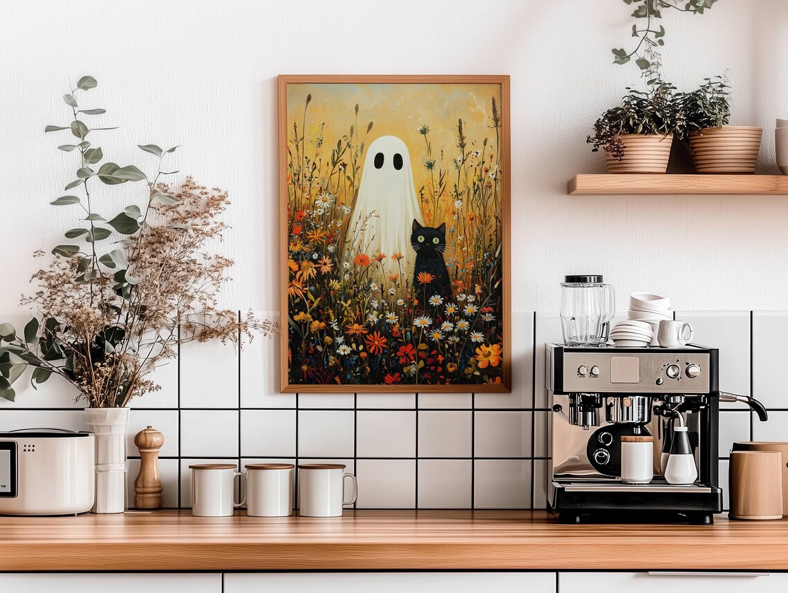 Black Cat and Ghost in a Golden Autumn Wildflower Meadow Poster - Image 2