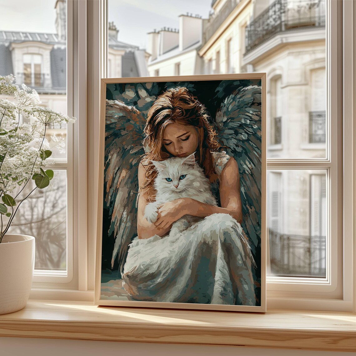 Gentle Angel Tenderly Embracing a Fluffy White Cat in a Painterly Spiritual Print - Image 7
