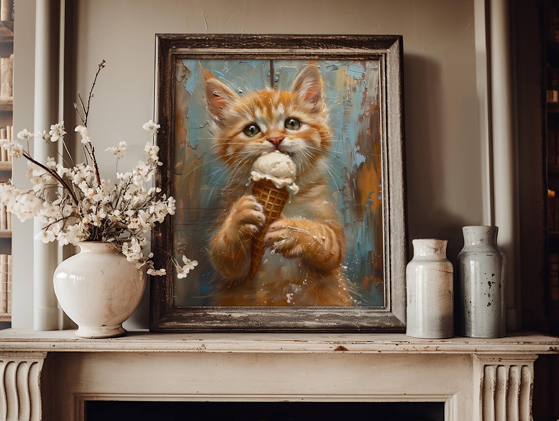 Orange Tabby Kitten Licking Ice Cream Cone Cute Kitten Portrait Poster - Image 5