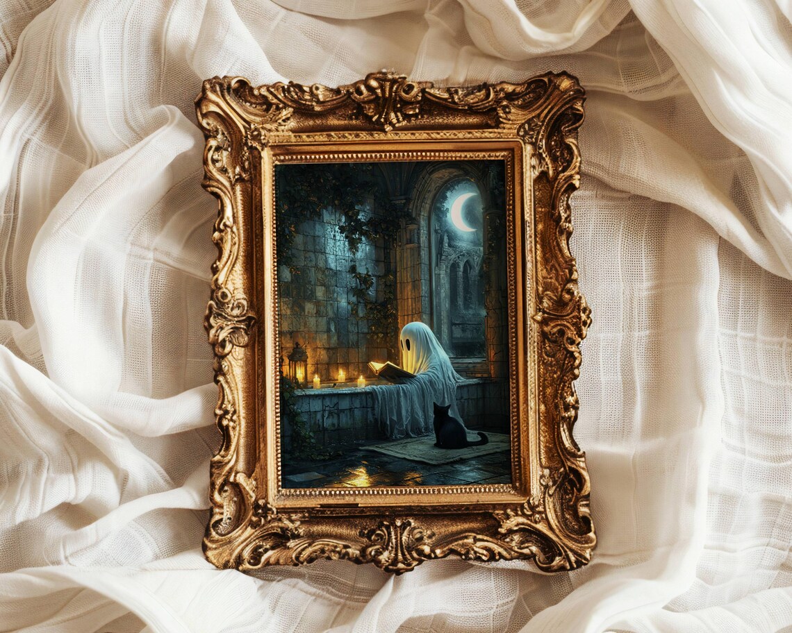 Draped Ghost Reading by Candlelight With a Black Cat in a Gothic Chapel Poster - Image 4