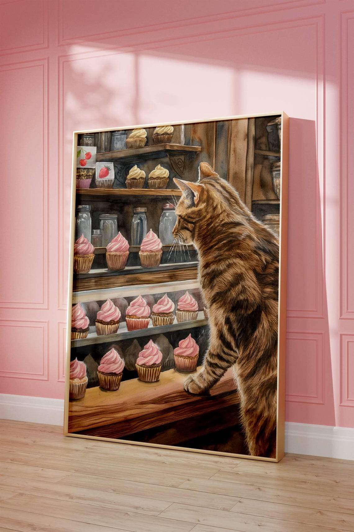 Tabby Cat Gazing at Pink Cupcakes in Bakery Display Watercolor Poster - Image 5