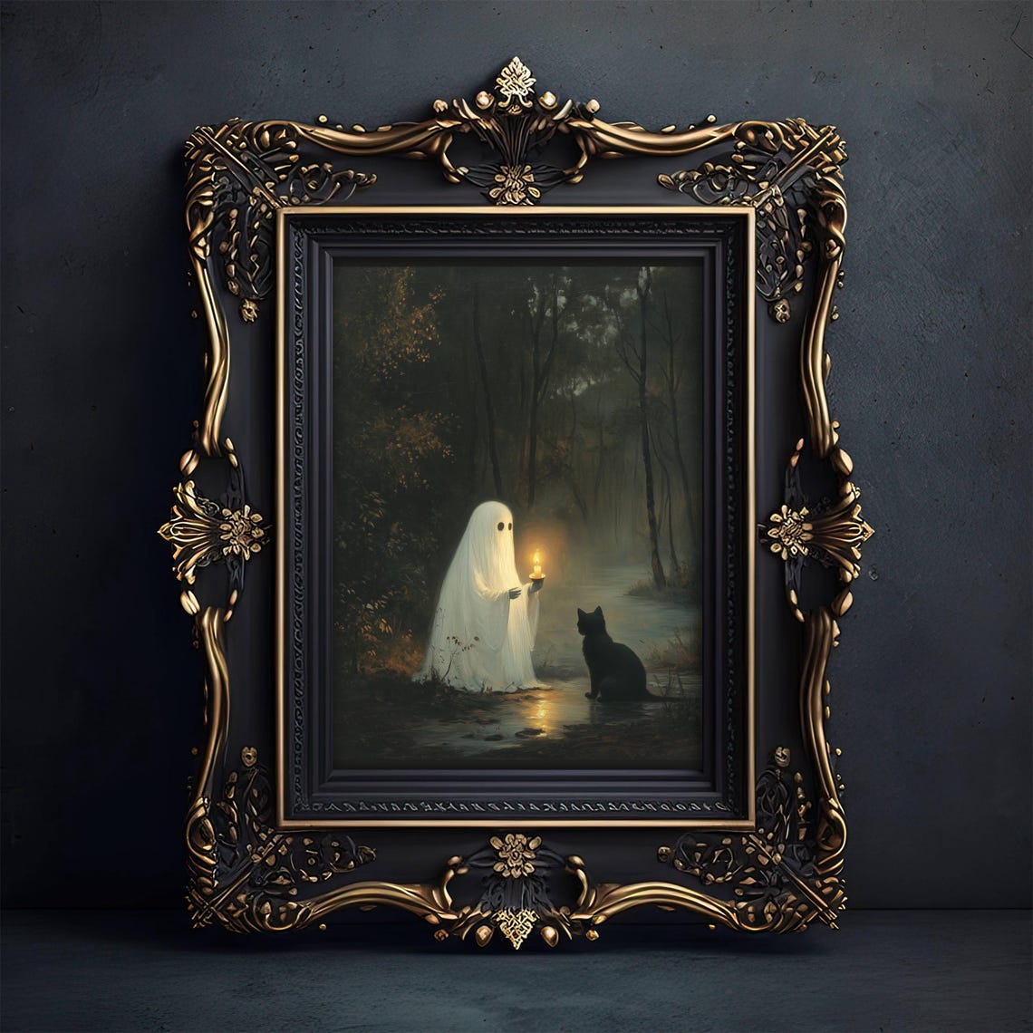 Ghost Holding A Candle In A Dark Forest Beside A Black Cat Poster - Image 4