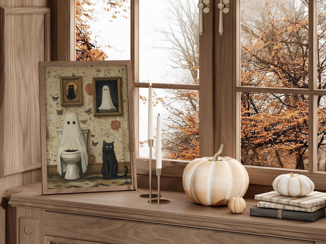 Ghost And Cat Bathroom Poster Print, Whimsical Pet Art - Image 2