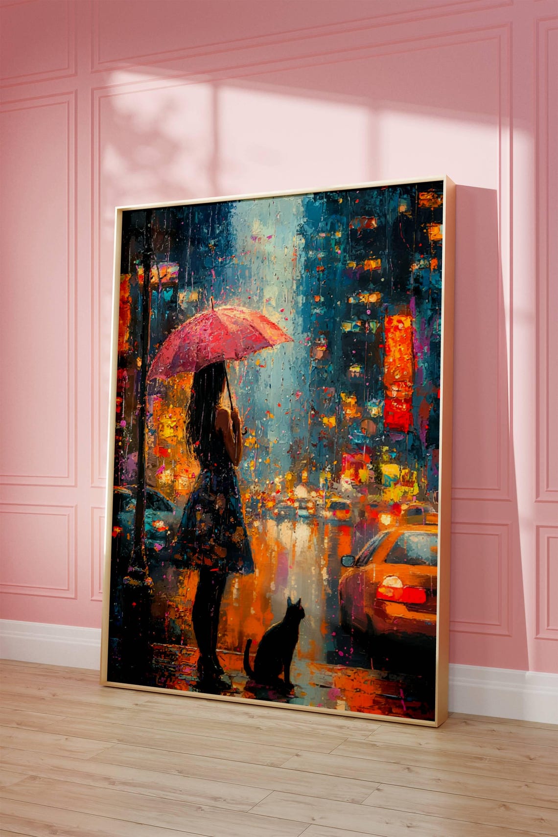 Impressionist Girl And Cat In Rain Poster Cityscape Wall Art Decor Moody Home Decor - Image 7