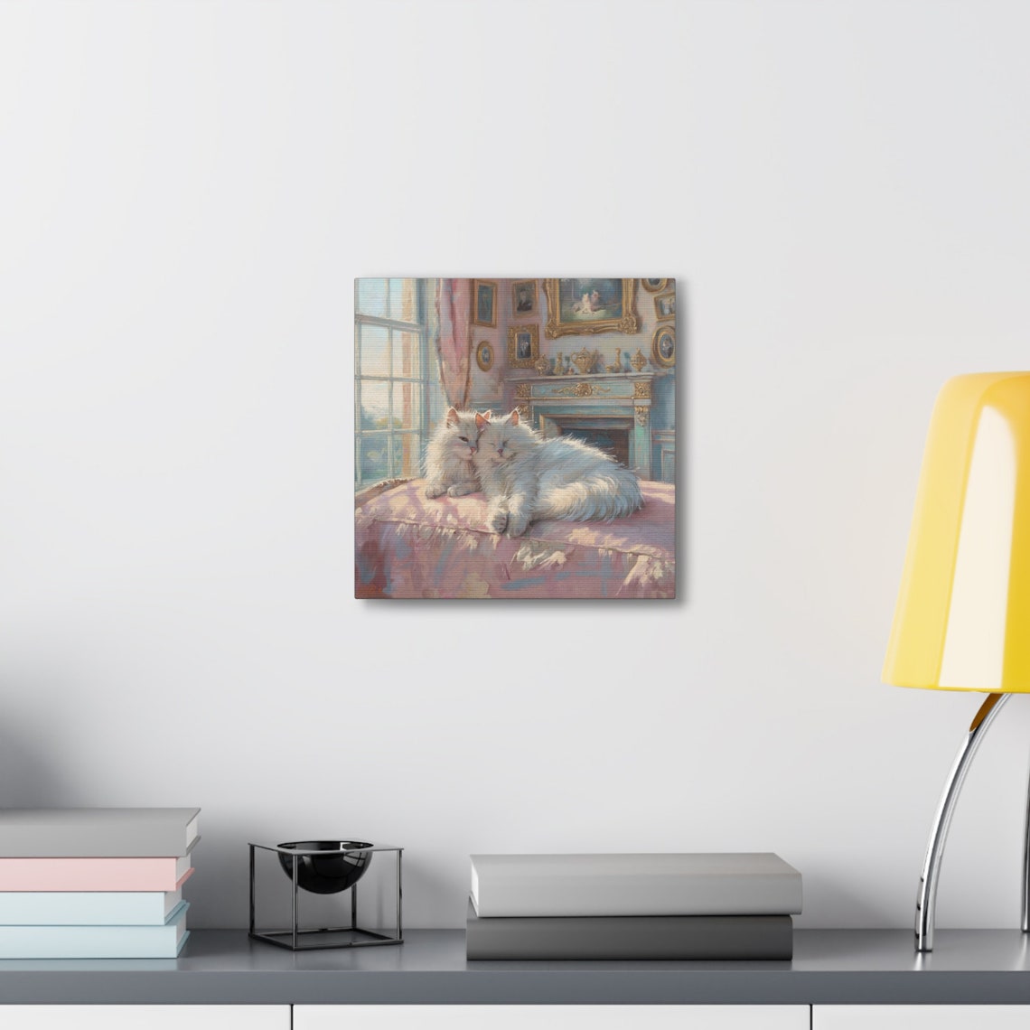 Two Cuddling White Cats on a Pink Cushion by the Fire Poster - Image 6