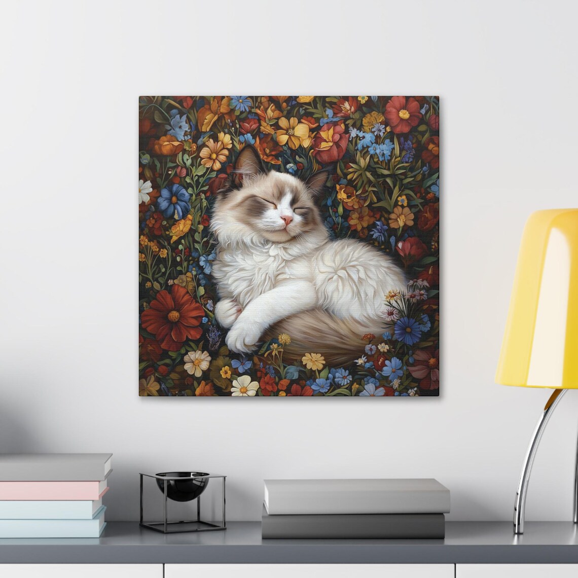 Fluffy Ragdoll Cat Sleeping in a Vibrant Wildflower Garden Poster - Image 3