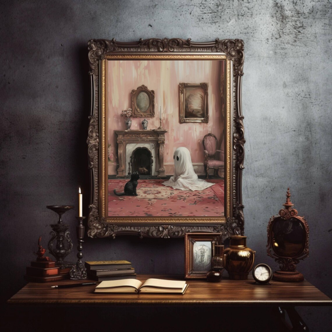 Ghost and Black Cat Sitting in a Pink Victorian Parlor Poster - Image 4