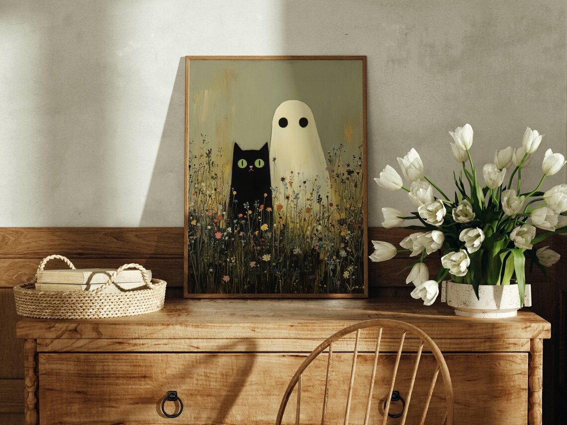 Black Cat and Ghost in Wildflowers, Whimsigoth Poster - Image 5