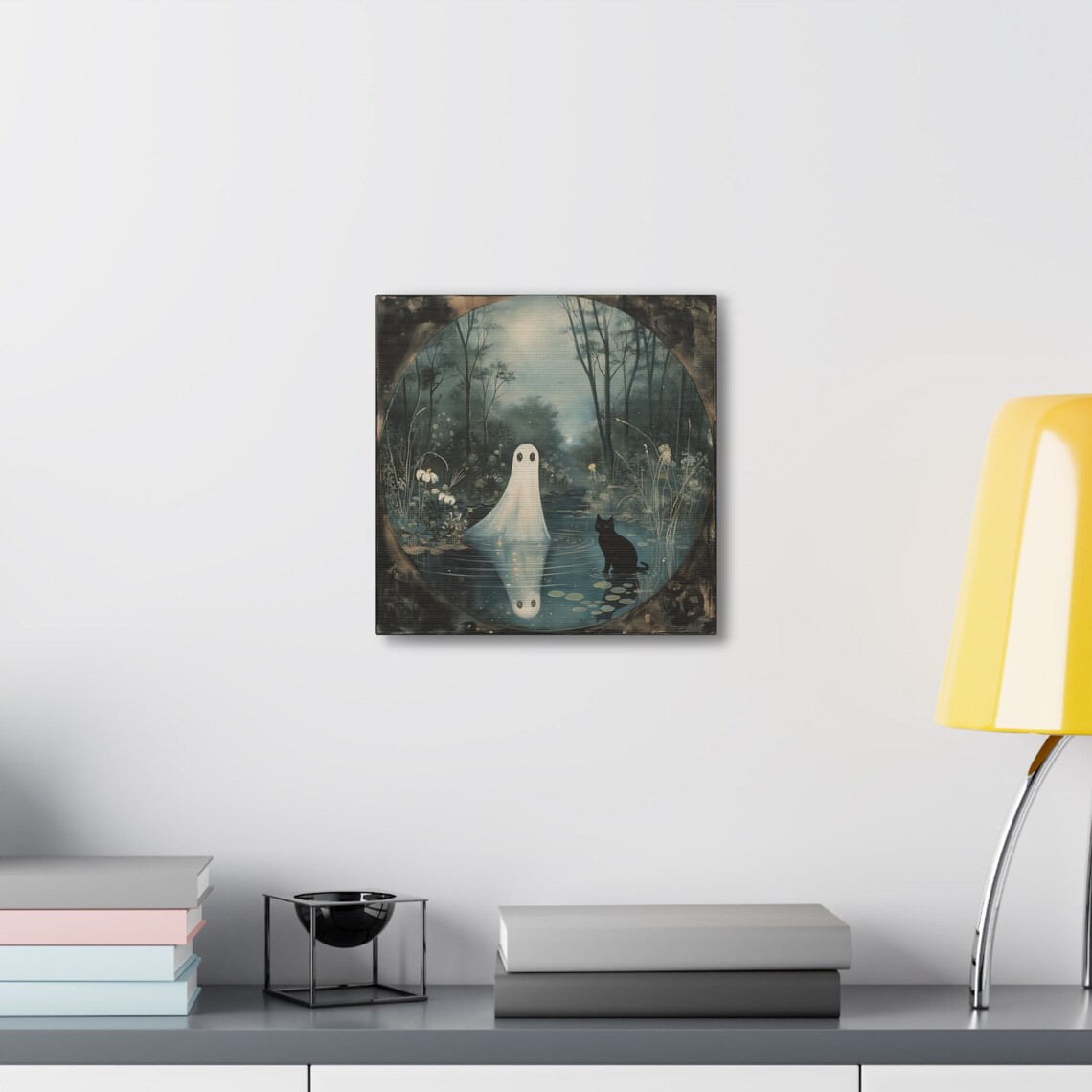 Ghost And Black Cat By A Moonlit Forest Pond Reflection Poster - Image 6