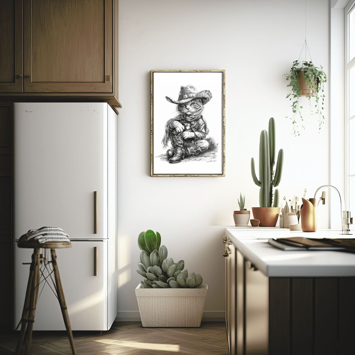 Tabby Cat Cowboy in Black and White Western Pencil Sketch Art Poster - Image 4