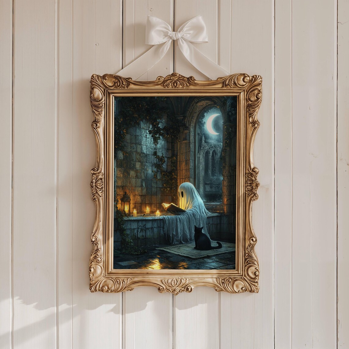 Draped Ghost Reading by Candlelight With a Black Cat in a Gothic Chapel Poster - Image 2