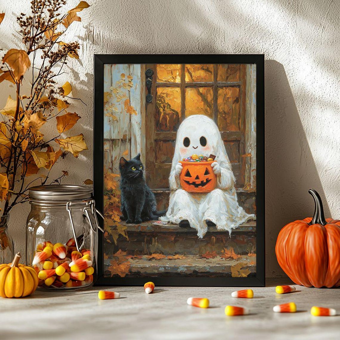 And Black Cat With Halloween Candy Poster Whimsical Wall Art Cute Spooky Porch Scene Fall Decor Print Unframed