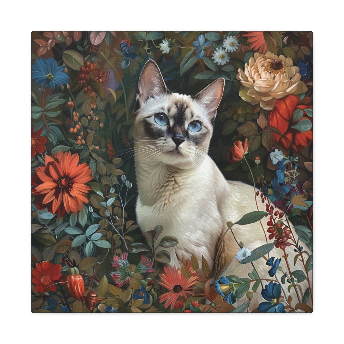 Siamese Cat with Blue Eyes Among Dark Botanical Flowers Poster - Image 2