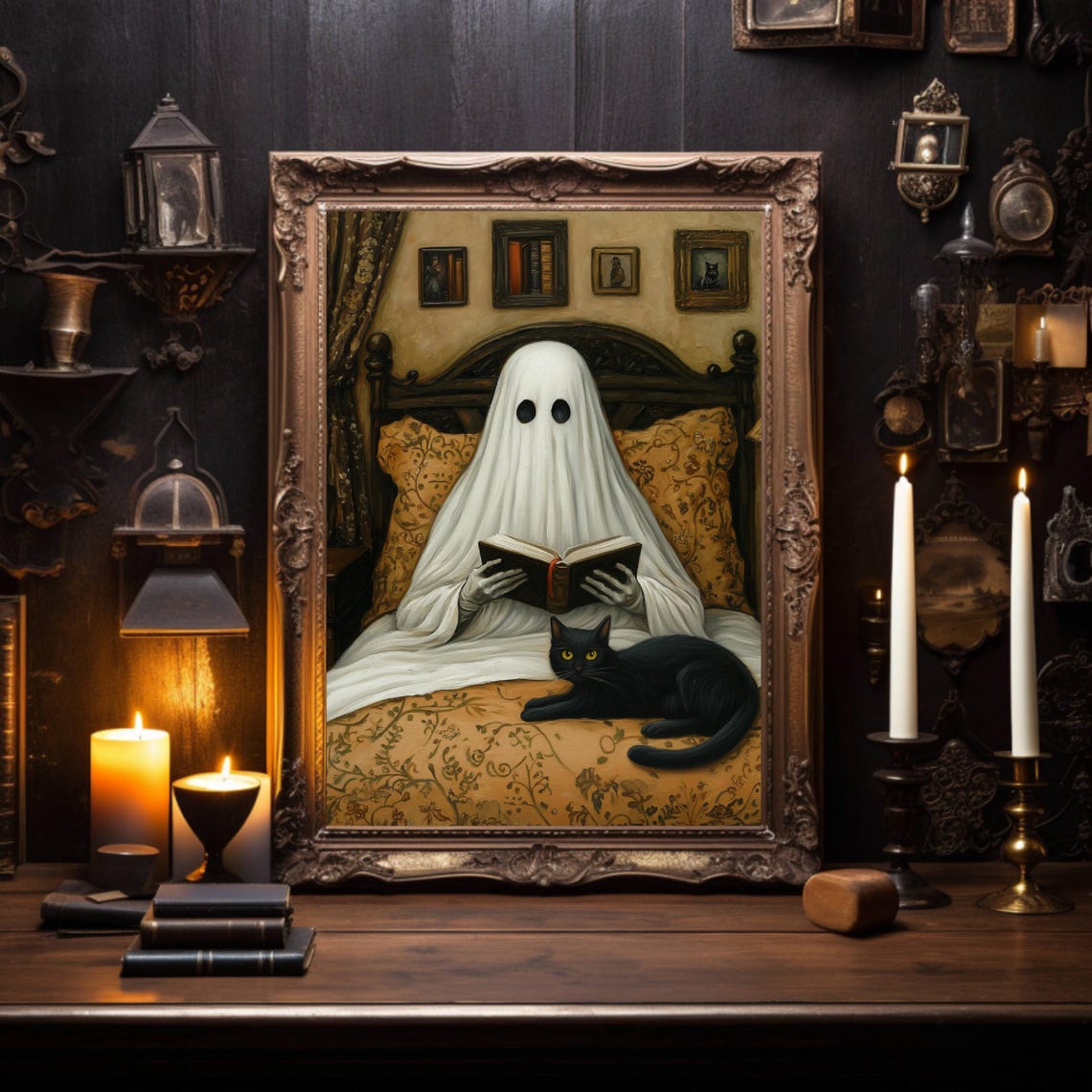 Ghost Reading In Bed With A Black Cat Funny Dark Academia Poster - Image 6