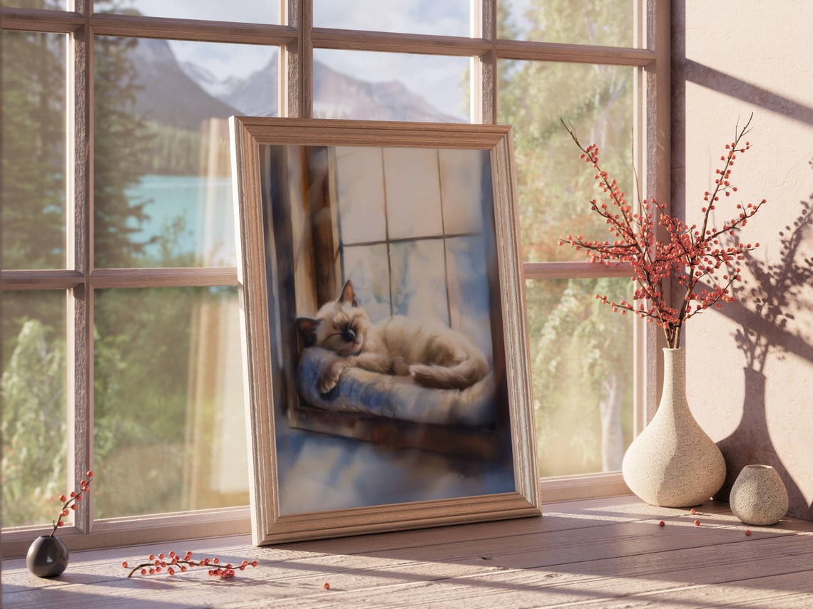Sleeping Siamese Kitten In A Sunlit Window Watercolor Poster - Image 2