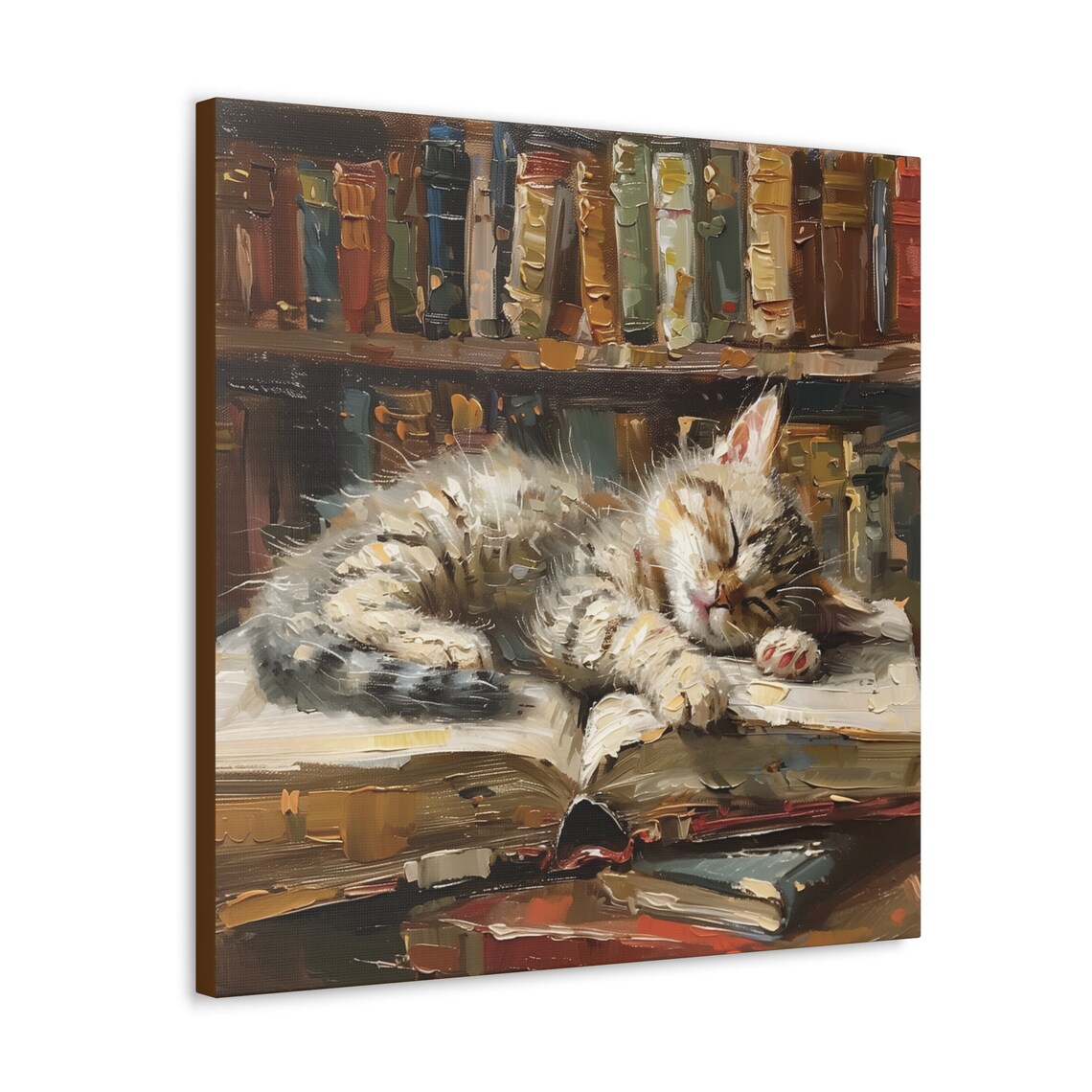 Tabby Kitten Sleeping on Open Book in Library Oil Painting Poster - Image 6