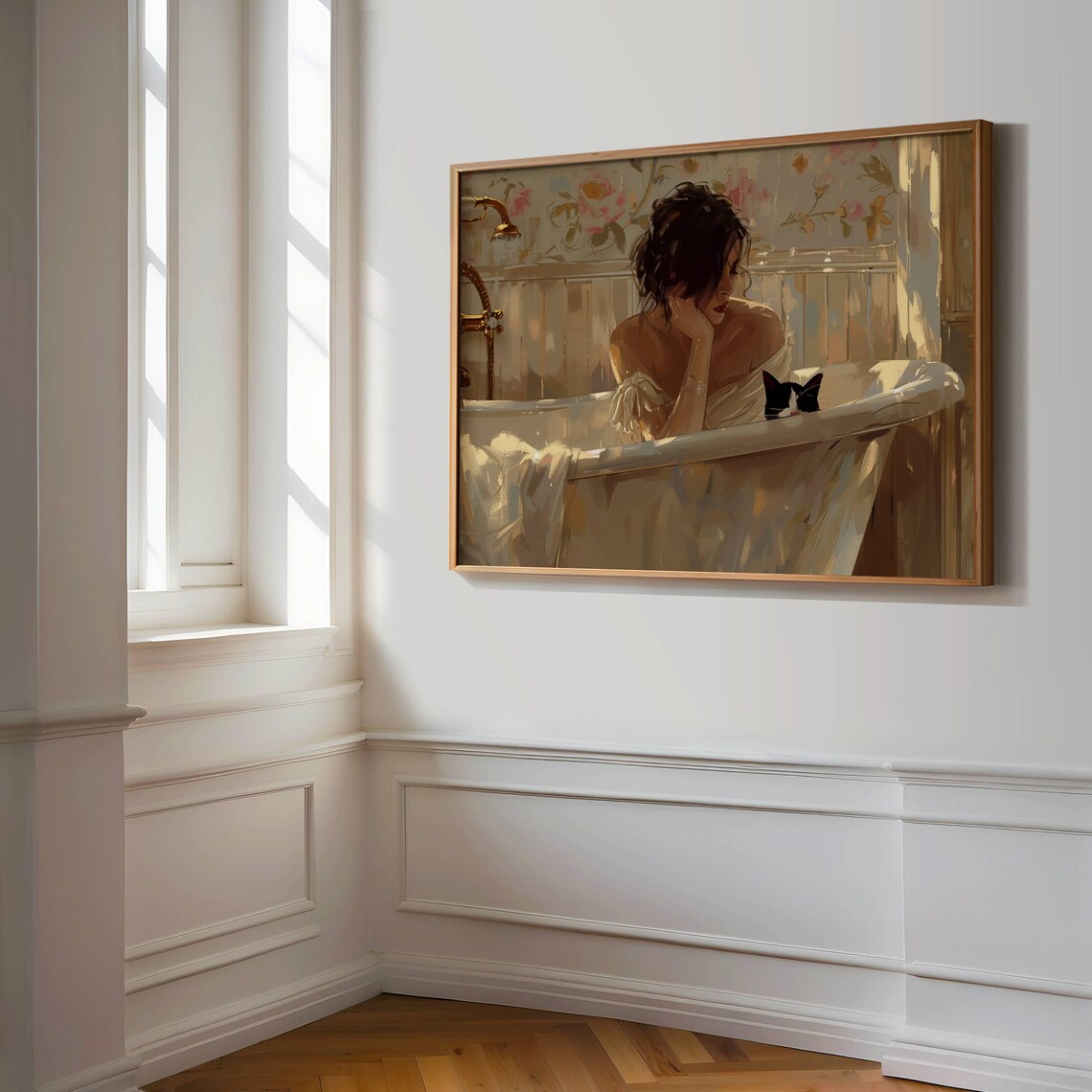 Woman Relaxing in a Bathtub With a Black and White Cat Poster - Image 2