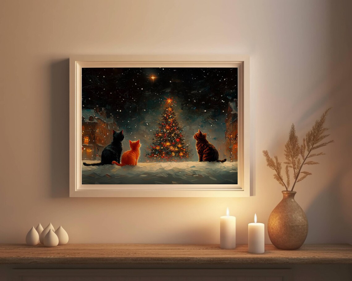 Cats And Christmas Tree, Impressionist Holiday Art Print - Image 2