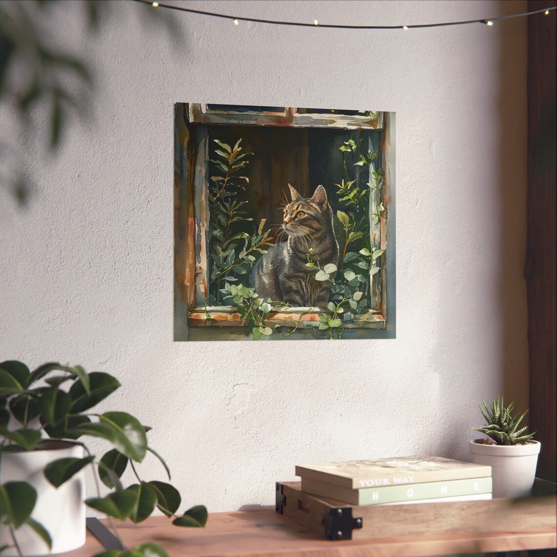 Tabby Cat Sitting in a Rustic Window Among Lush Green Plants Poster - Image 2