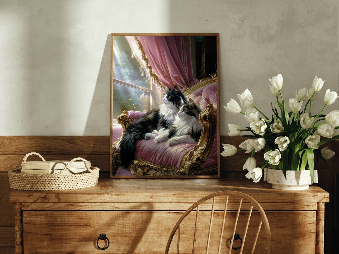 Two Tuxedo Cats Lounging On A Baroque Pink Velvet Sofa Oil Poster - Image 4