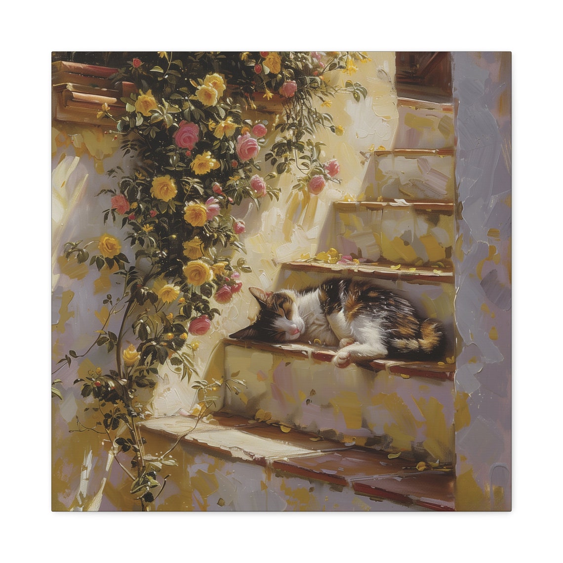 Calico Cat Napping on Sunlit Steps Under Climbing Roses Poster - Image 2