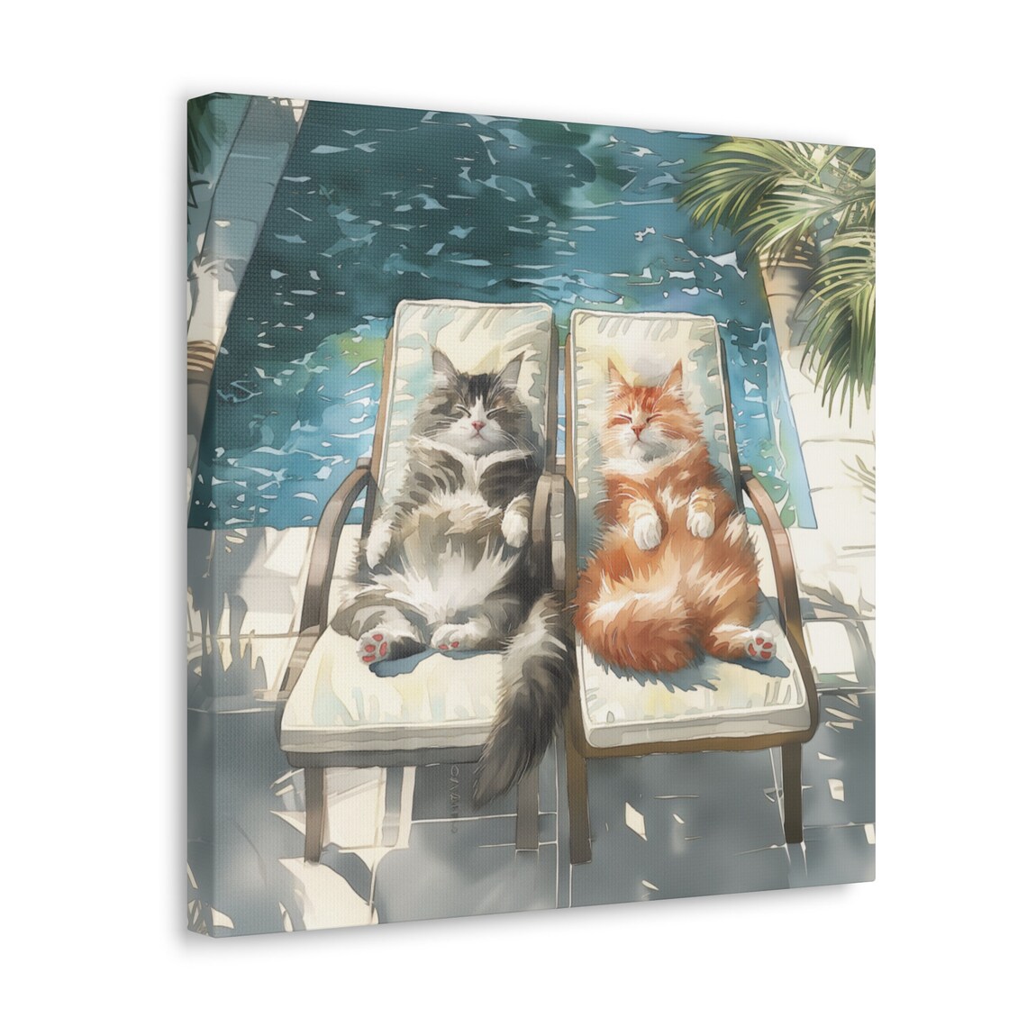 Two Fluffy Cats Sunbathing on Lounge Chairs by the Swimming Pool Poster - Image 2