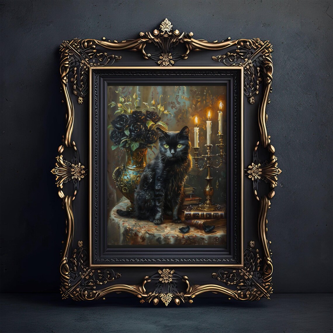 Black Cat With Black Roses Candles And Old Books Gothic Poster - Image 6