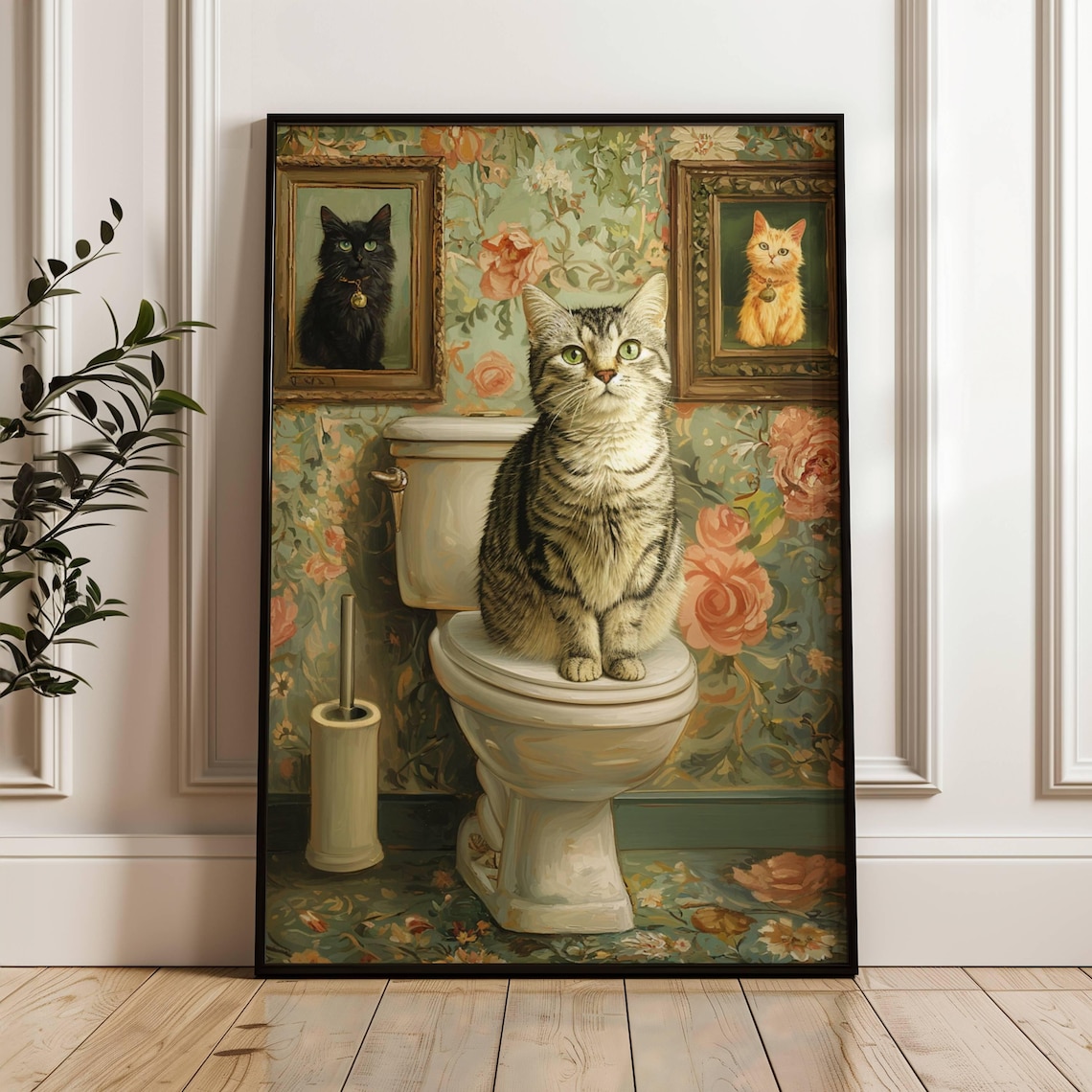 Tabby Cat On Toilet Funny Bathroom Wall Art