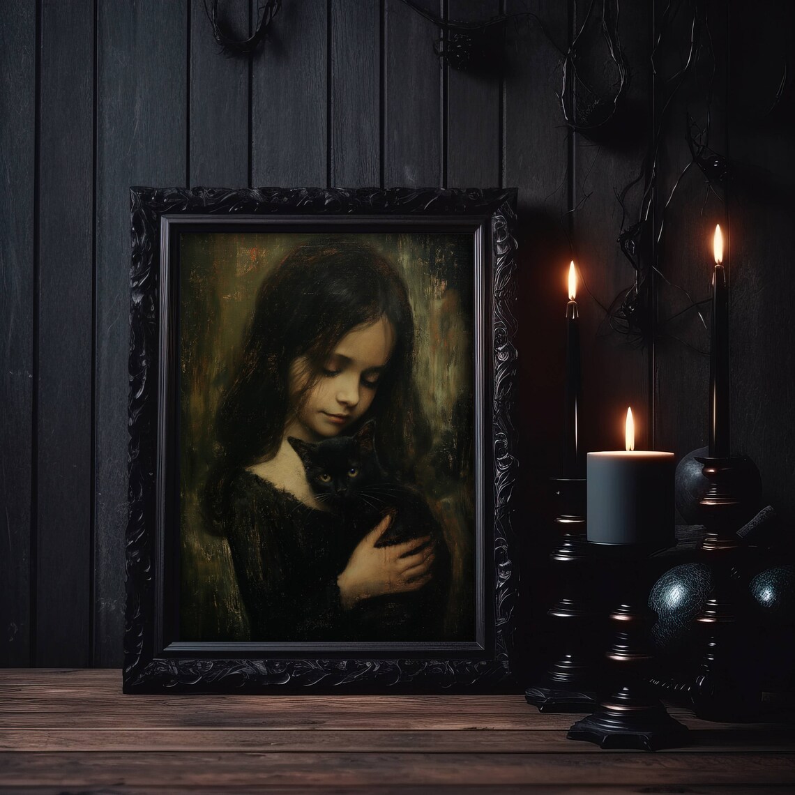 Girl Embracing A Black Cat Against Her Cheek Moody Art Poster - Image 7