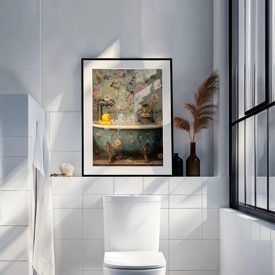 Gray Tabby Cat With Rubber Duck Bathroom Art Print - Image 4