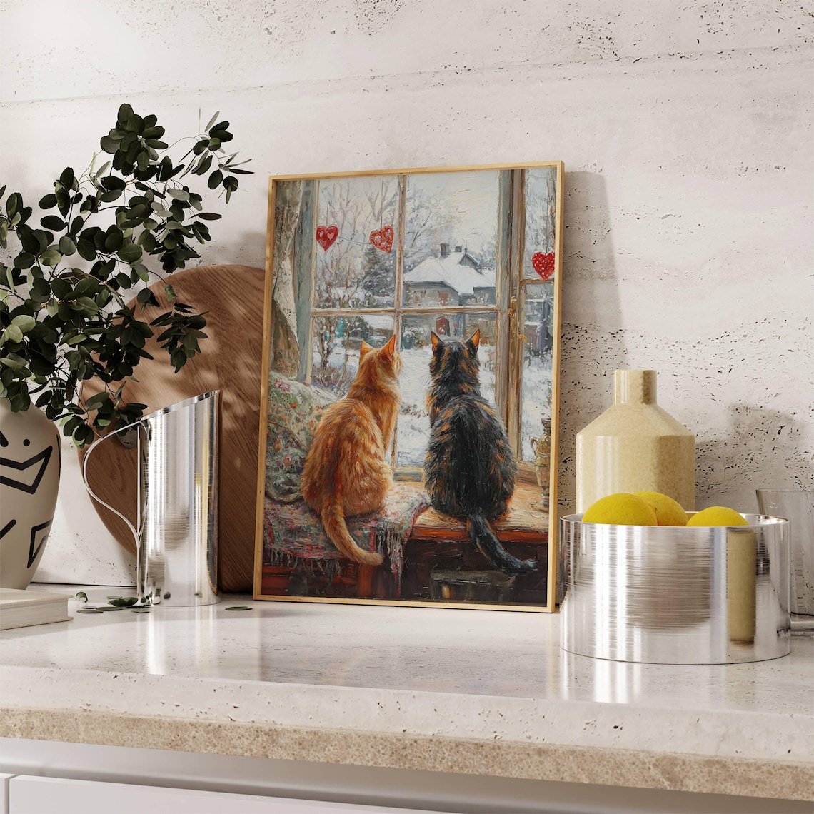 Orange Tabby and Tortie Cat Valentine Art Print - Image 2