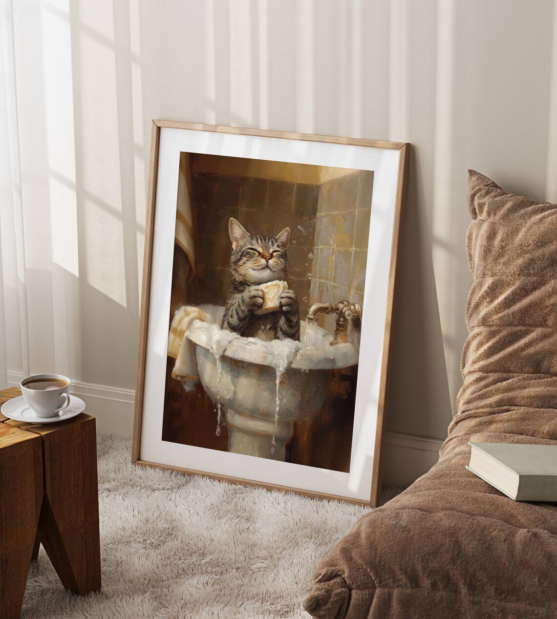 Tabby Cat Taking Bath In Sink Cute Bathroom Art Print - Image 4