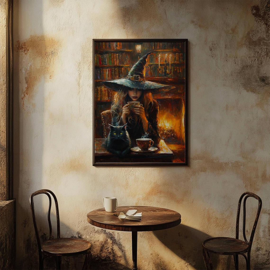 Whimsigoth Witch Tea in Library, Black Cat Art Print - Image 2