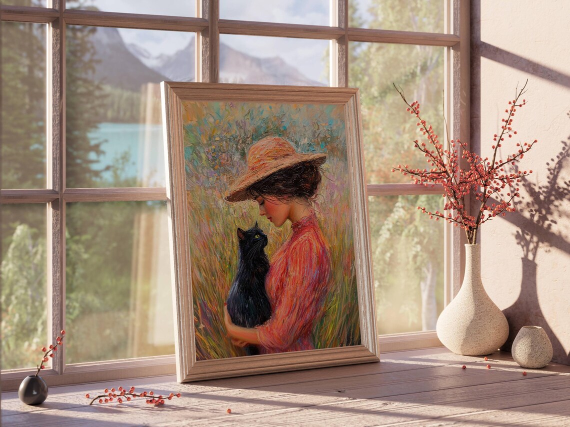 Impressionist Woman Hugging a Black Cat in a Flower Meadow Poster - Image 3
