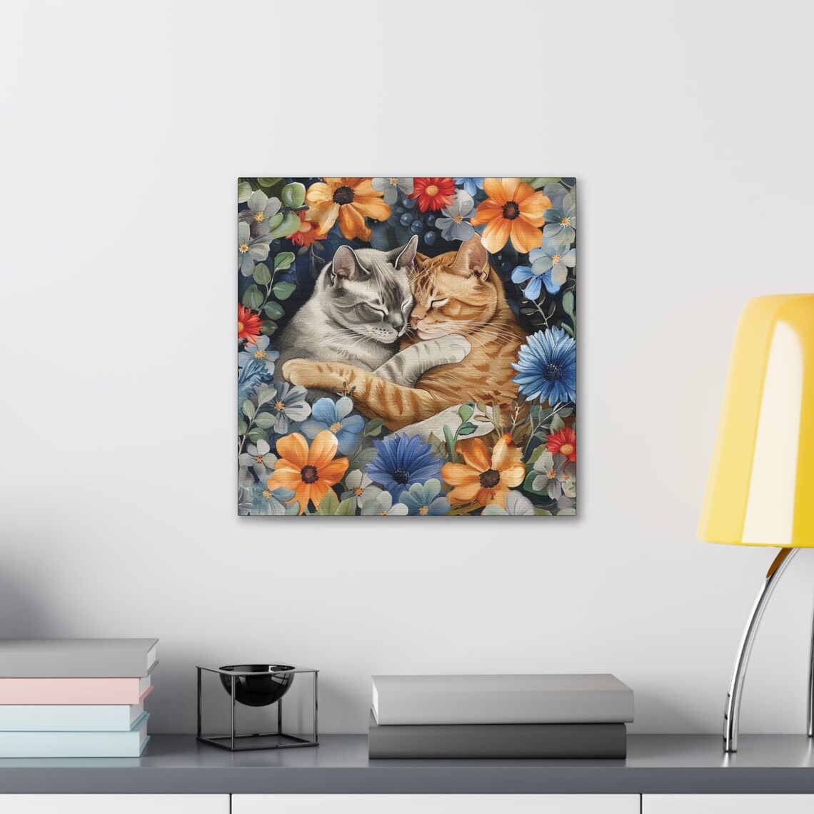 Two Cuddling Cats Surrounded by Blue and Orange Flowers Poster - Image 4