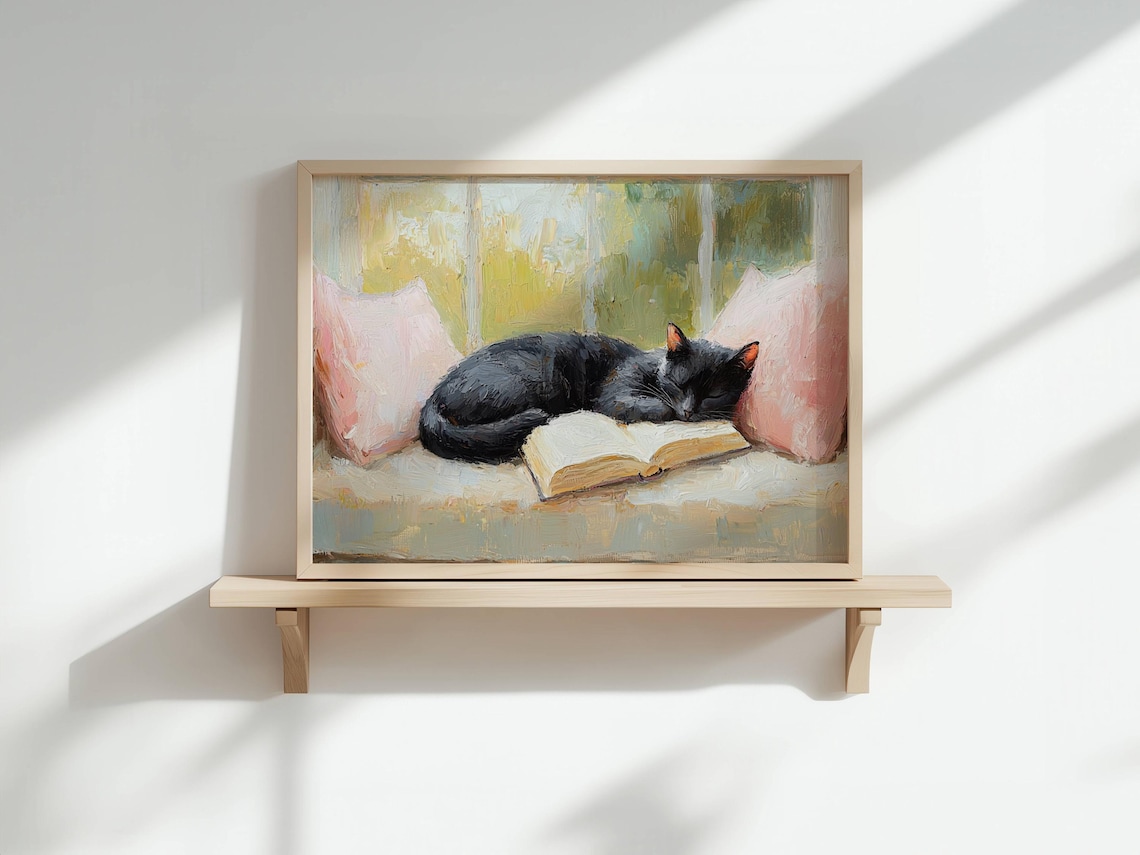Black Cat Sleeping With Books, Book Lover Art Print - Image 4