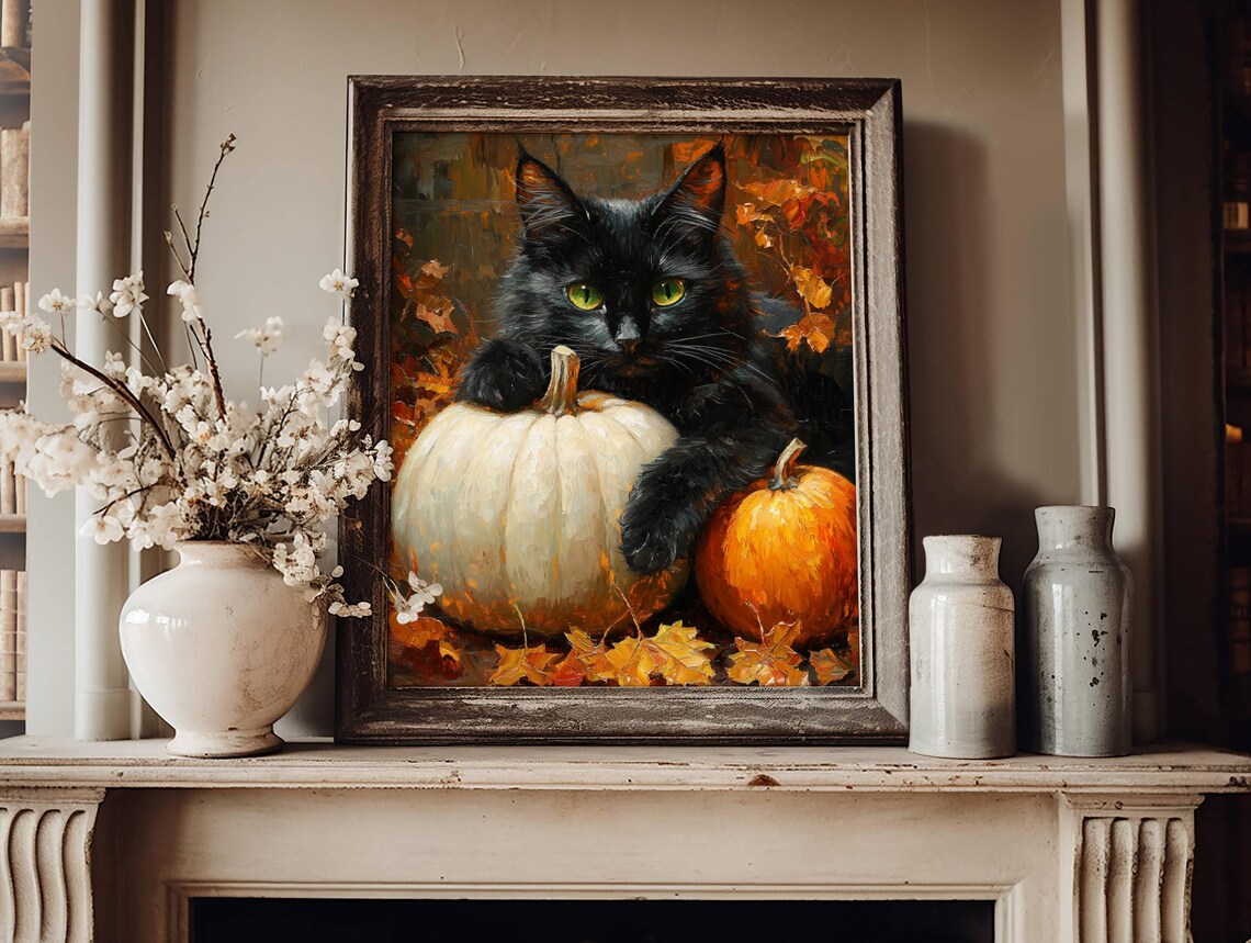 Black Cat With Pumpkins, Halloween Art Print - Image 7