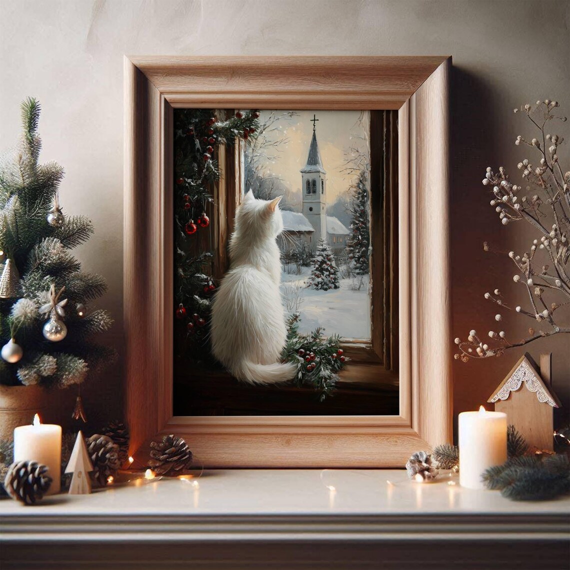 White Cat Farmhouse Christmas Poster, Rustic Holiday - Image 5