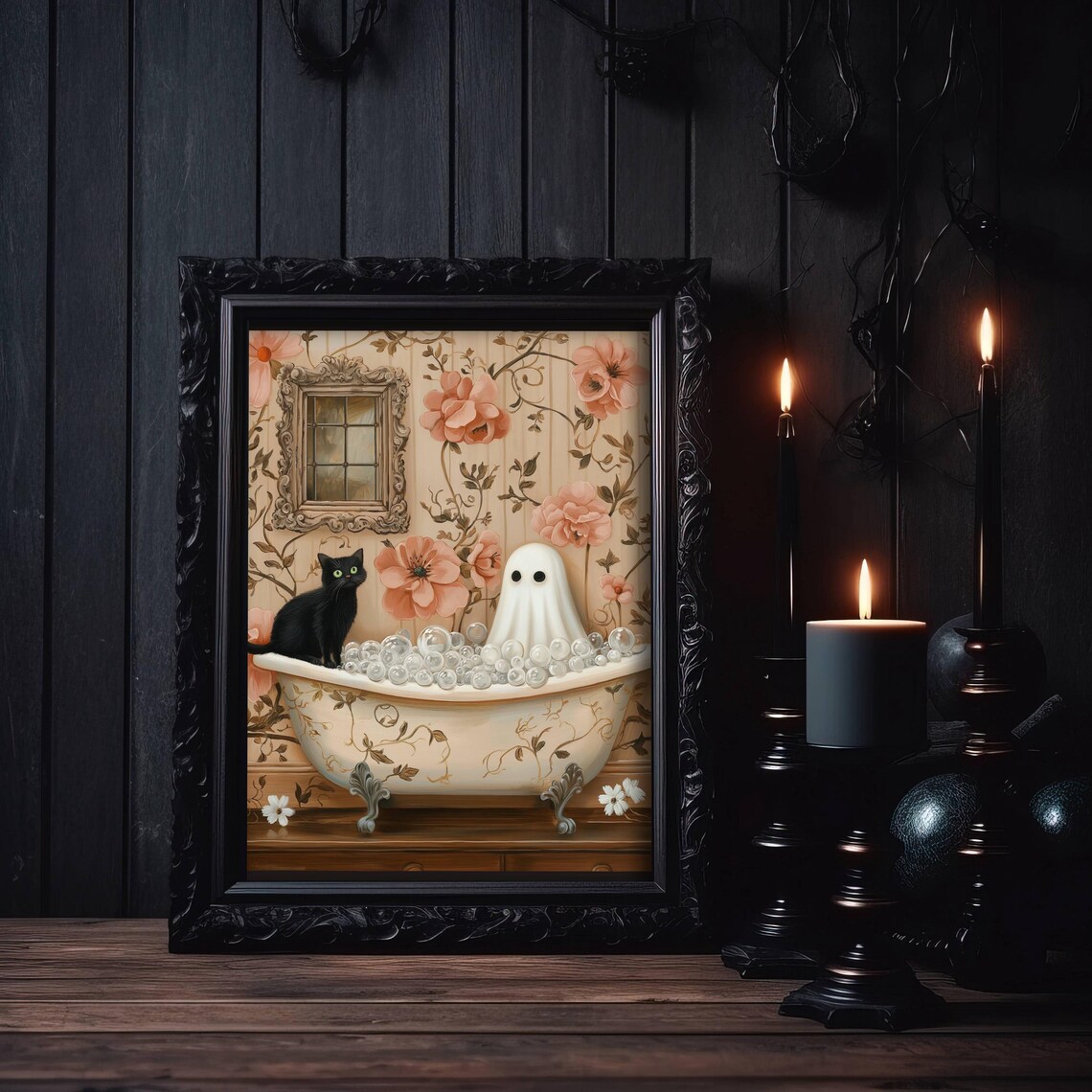 Cute Ghost and Black Cat Sharing a Floral Bubble Bath Poster - Image 6