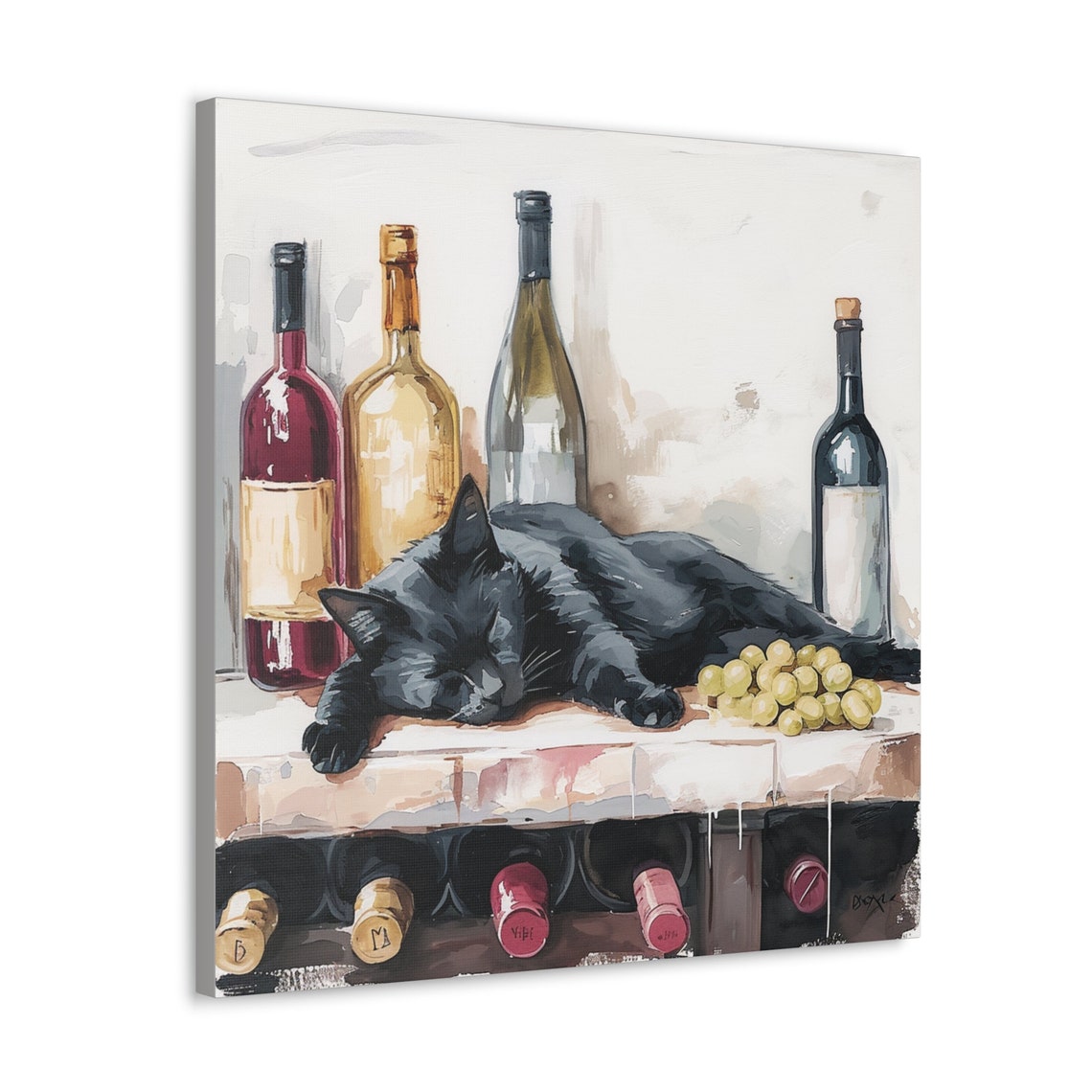 Black Cat Napping on a Wooden Wine Rack Between Bottles Poster - Image 4