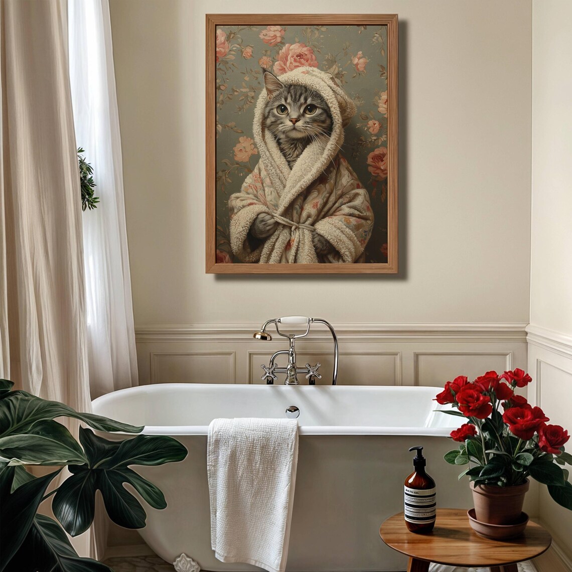 Gray Tabby Cat in Bathrobe, Cute Bathroom Poster Print - Image 6