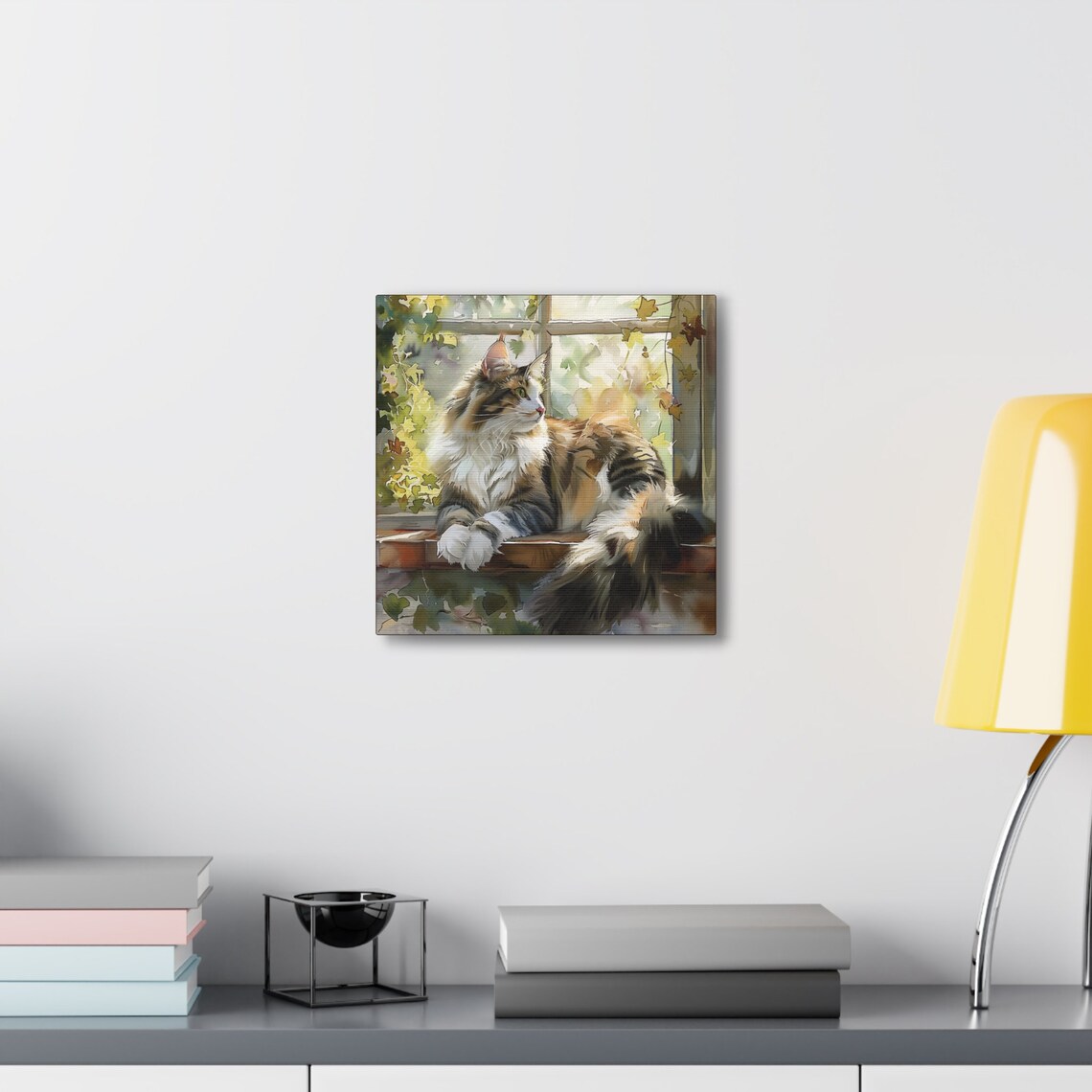 Fluffy Calico Cat Lounging on a Sunny Window Sill Scene Poster - Image 4