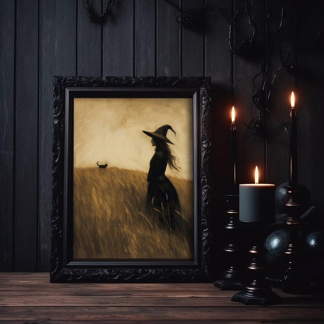 Witch In A Field With Black Cat, Halloween Art Print - Image 6
