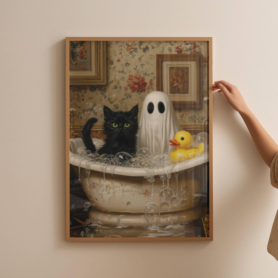 Ghost Black Cat and Rubber Duck in an Overflowing Bubble Bath Poster - Image 2