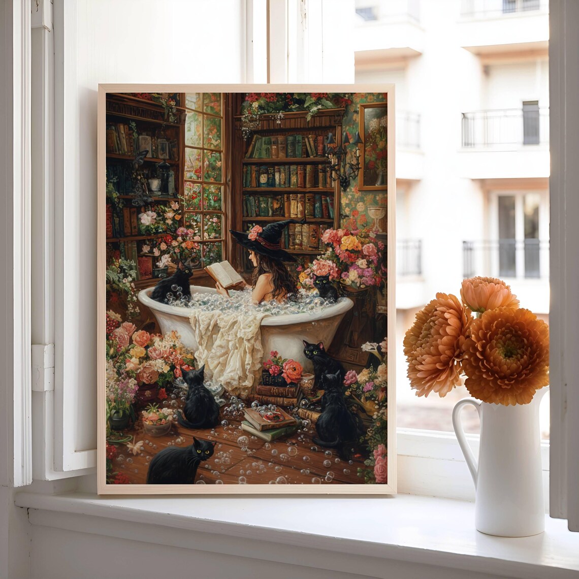 Witch Reading in Bathtub with Black Cats Art Print - Image 7