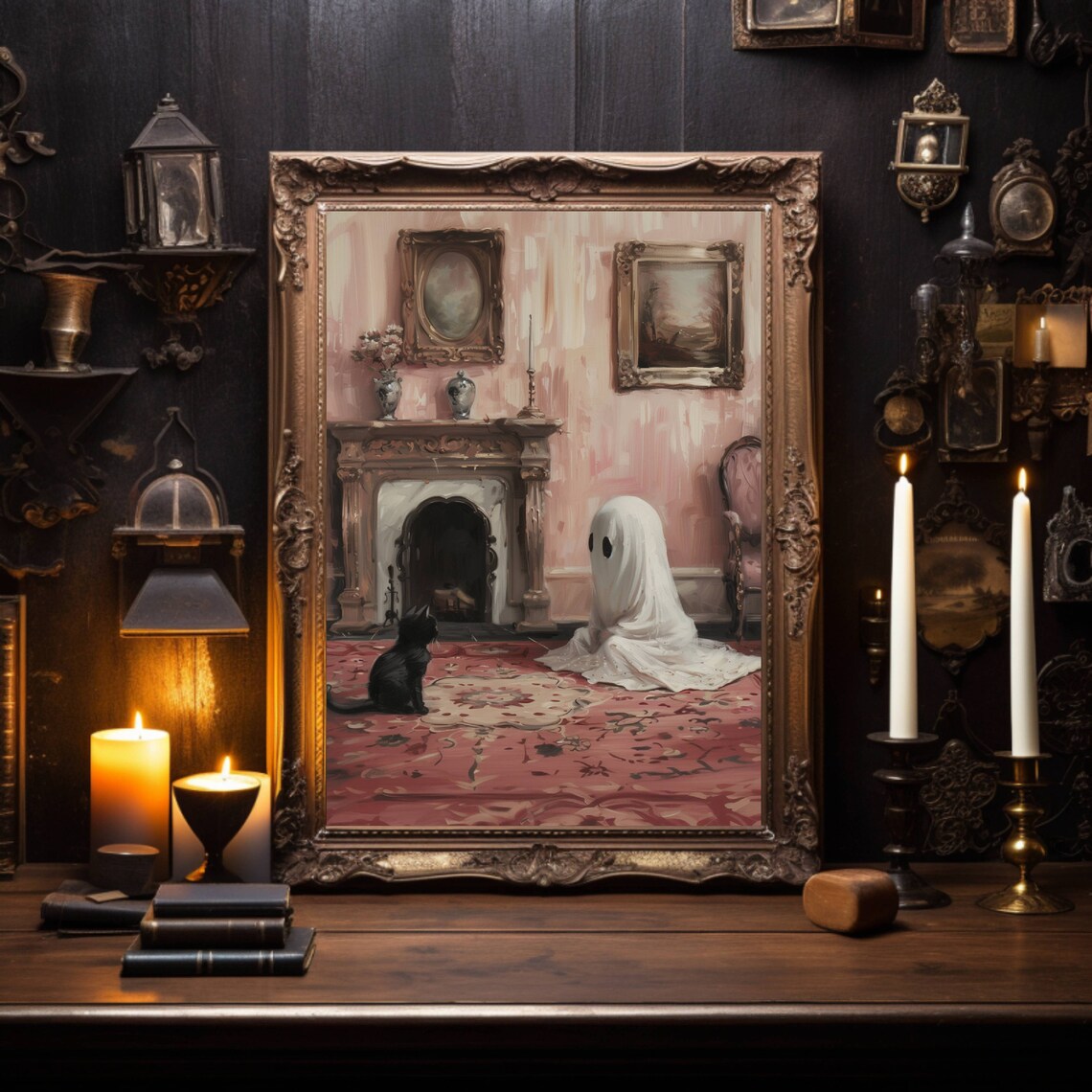 Cute Ghost And Black Cat Meeting In A Victorian Parlor Art Poster - Image 5